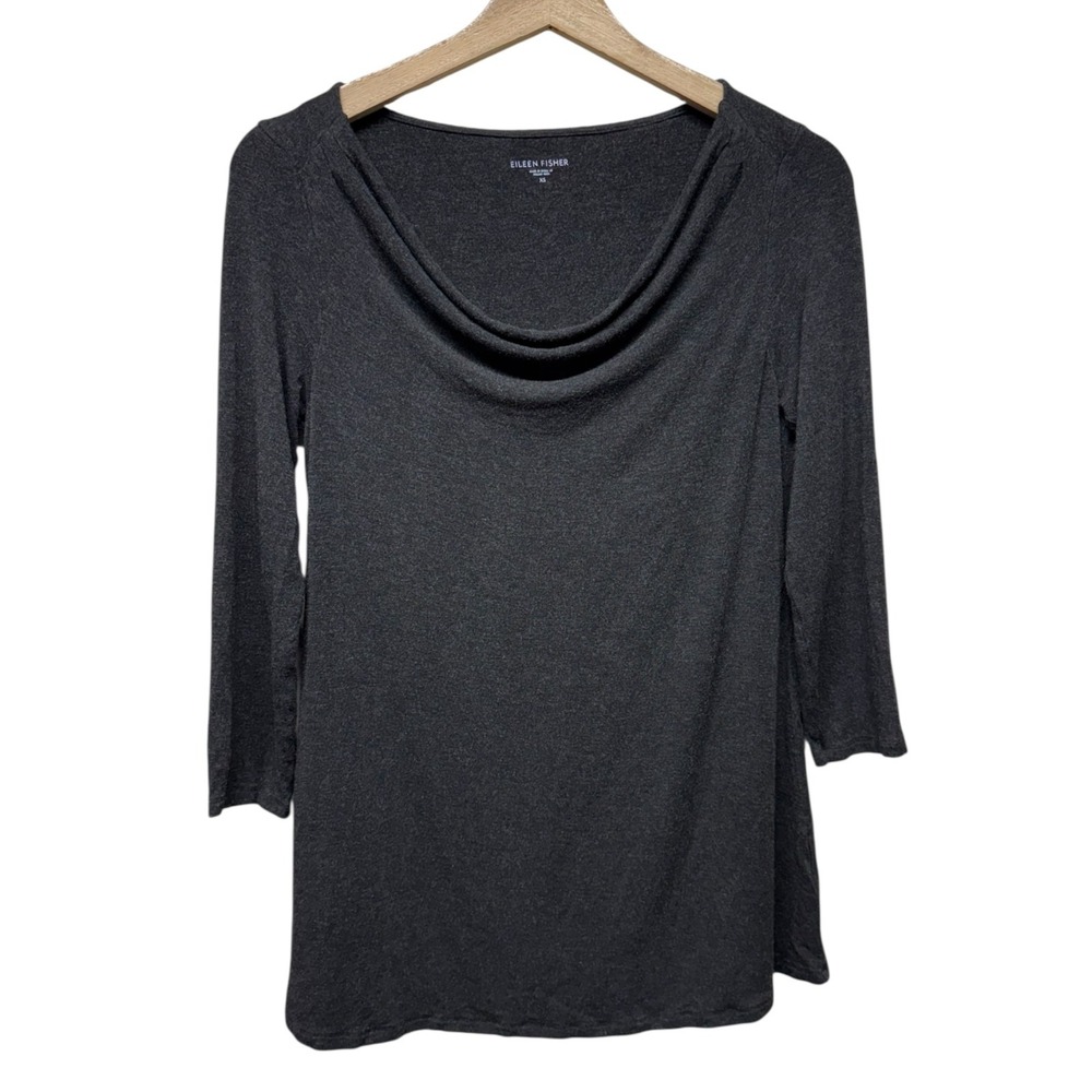 Eileen Fisher Jersey Cowl Neck 3/4 Sleeve‎ Top Womens Sz XS Gray Stretch Viscose